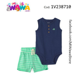 [P4] 2pz Short azul verde rayitas
