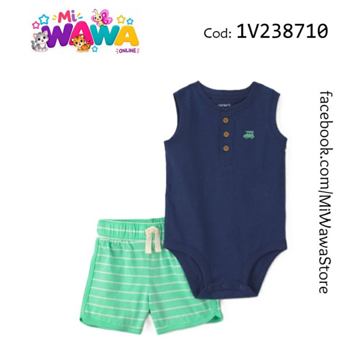 [P4] 2pz Short azul verde rayitas