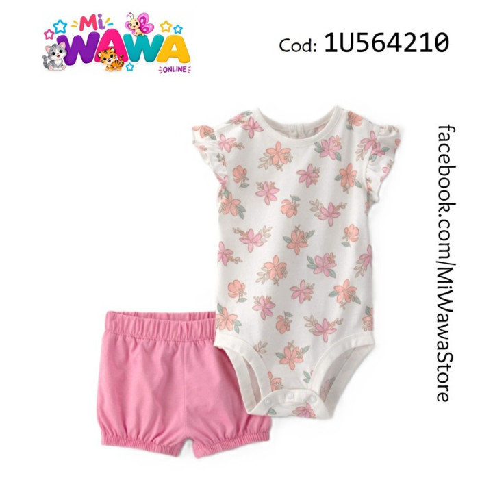 [P2] 2pz Short rosa blanco flores